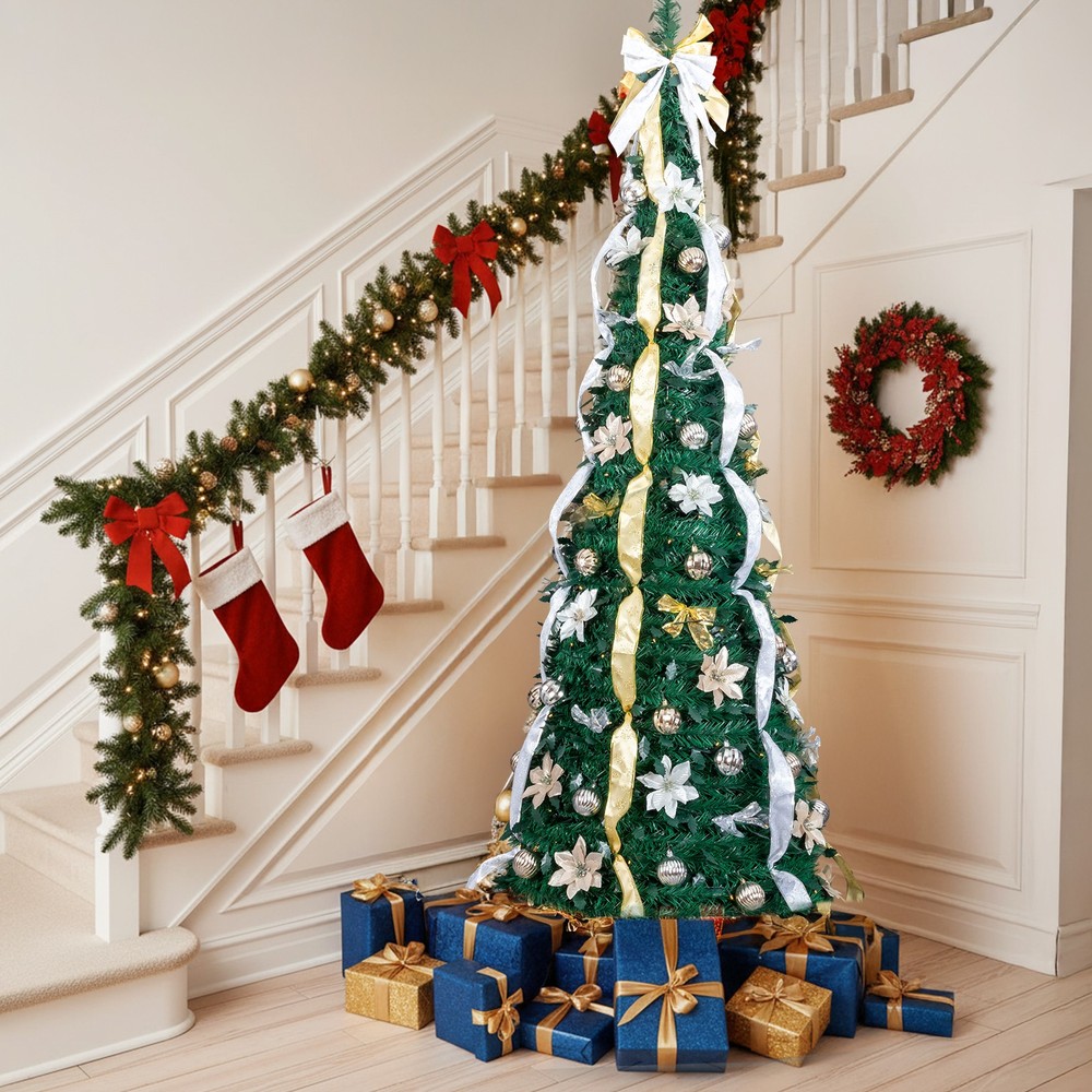 7FT Fully Decorated Pre-lit Christmas Tree, Pop Up Artificial Xmas Tree w/ Light