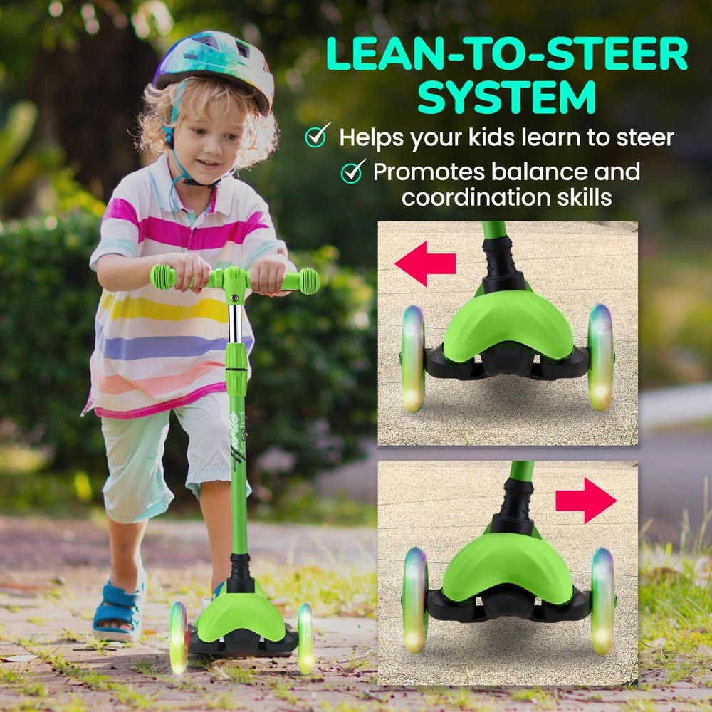 Hurtle Lightweight & Adjustable Mini Kickboard Scooter w/LED Light Wheel (Green)