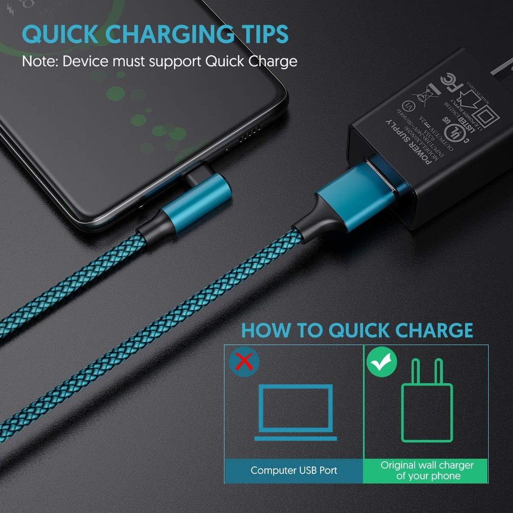 Type C Cable 90 Degrees Right Angle [3-Pack 10Ft] Nylon Braided USB a to USB C F