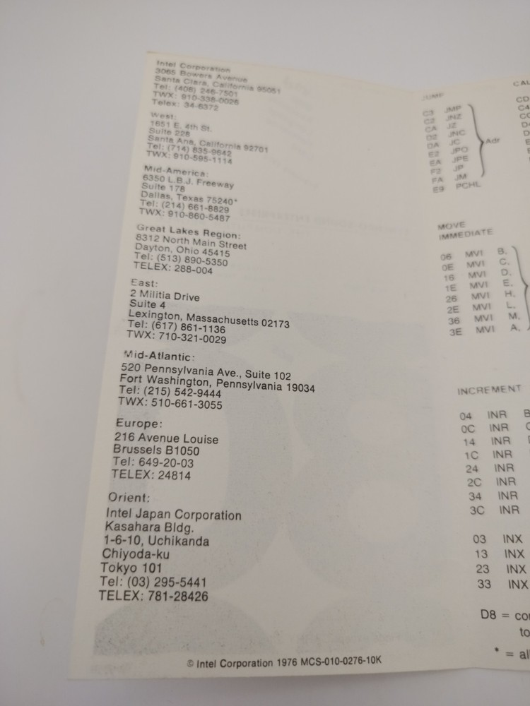 Intel 8080 Assembly Language Reference Card Feb 1976 Synchro-Sound...