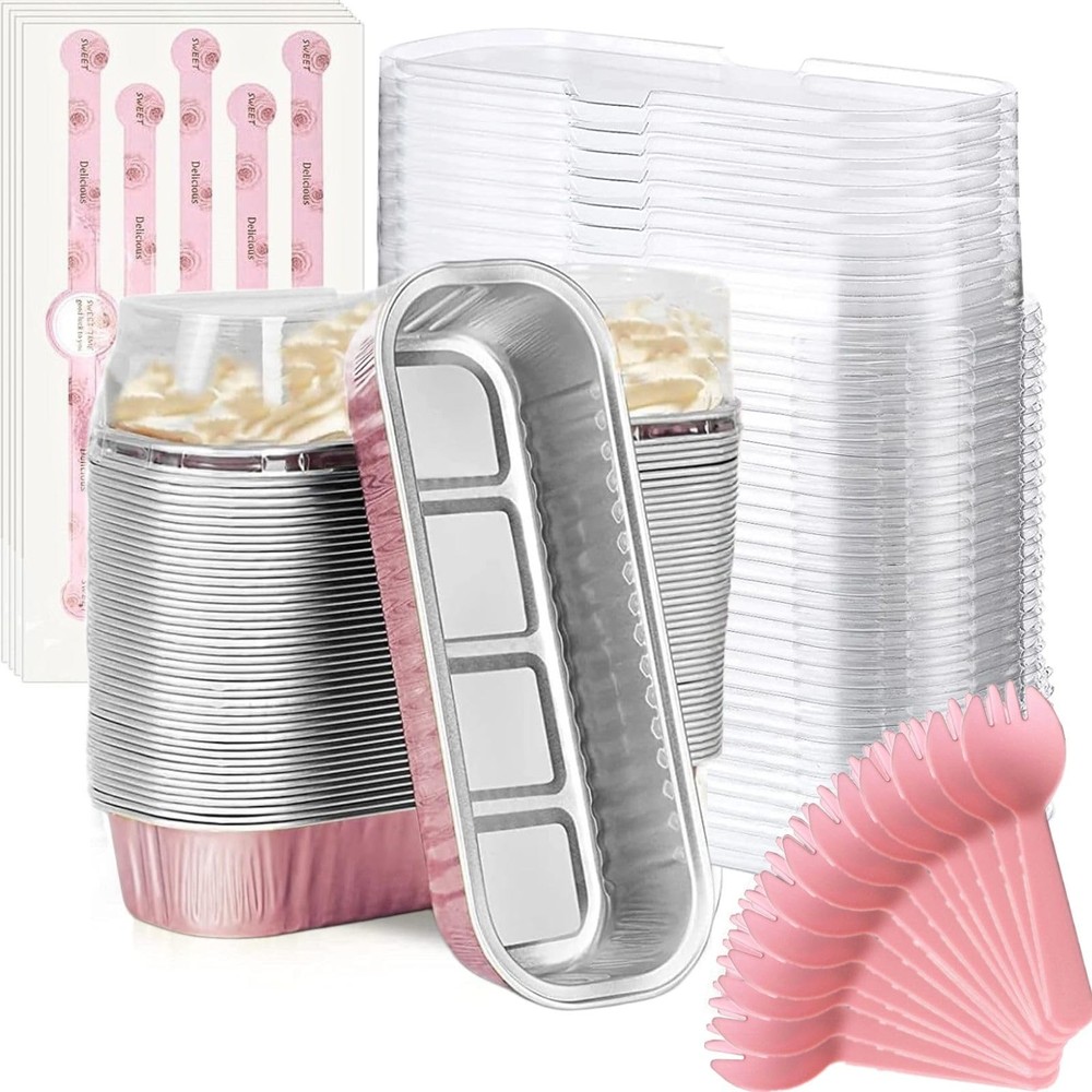Mini Loaf Baking Pans with Lids and Spoons (50 Pack, 6.8oz) Rectangle Aluminu...