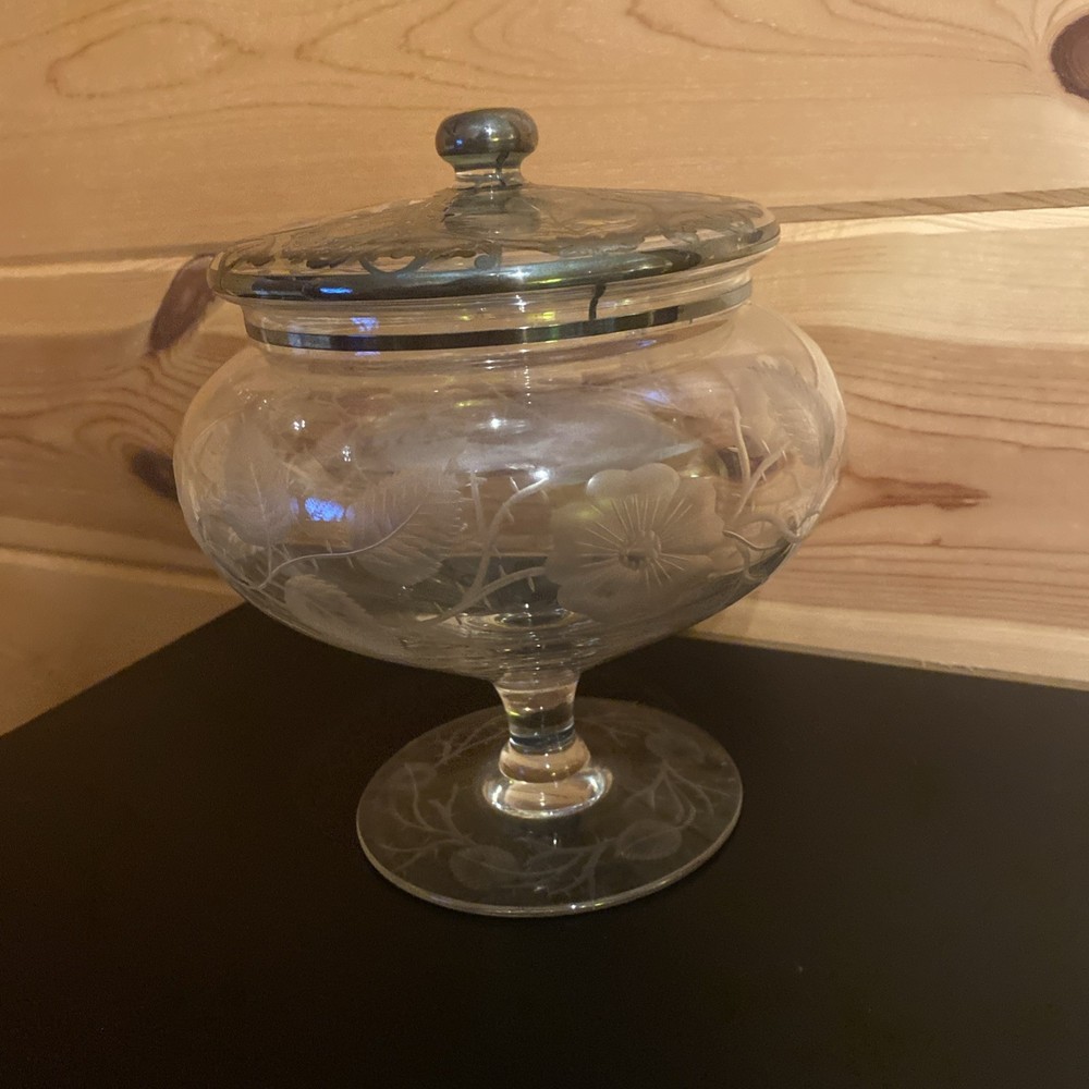 Etched Glass Compote With Silver Overlay Beautiful!