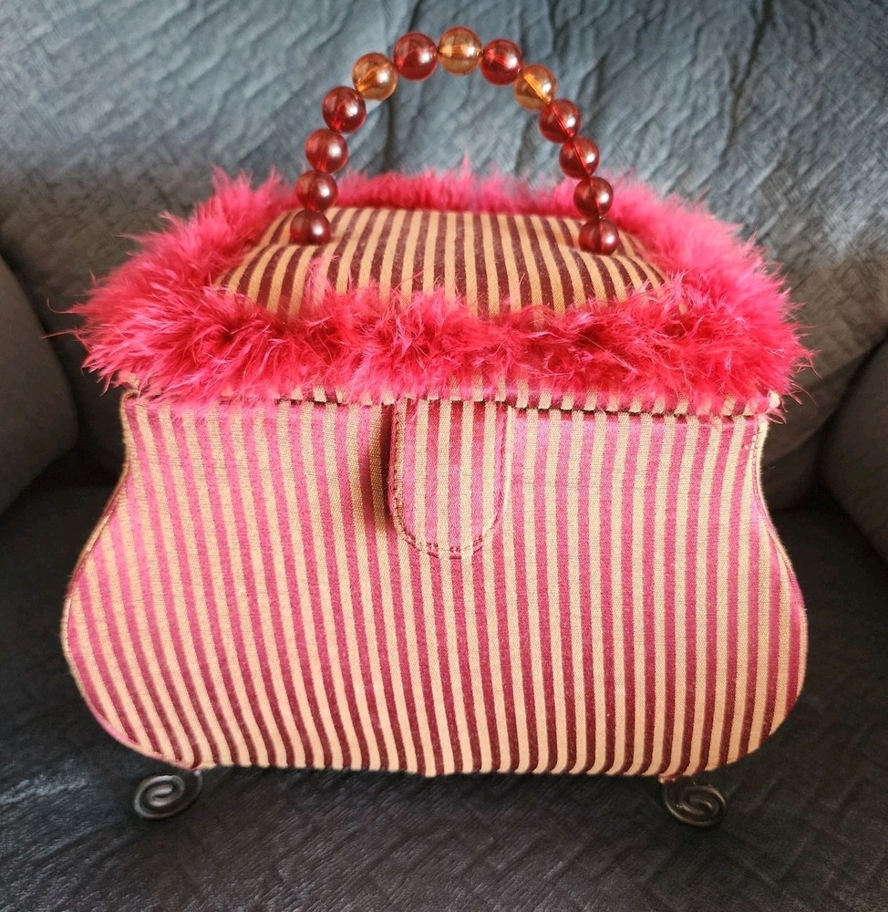 Funky Ecclectic Handbag Shaped Sewing Storage Trunk Red Footed Beaded Handle