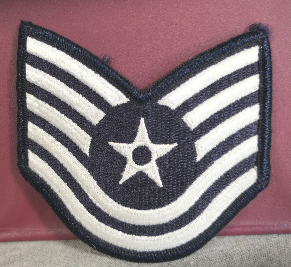 White Blue USA Air Force Military E-6 Technical Sergeant Chevron Insignia Patch