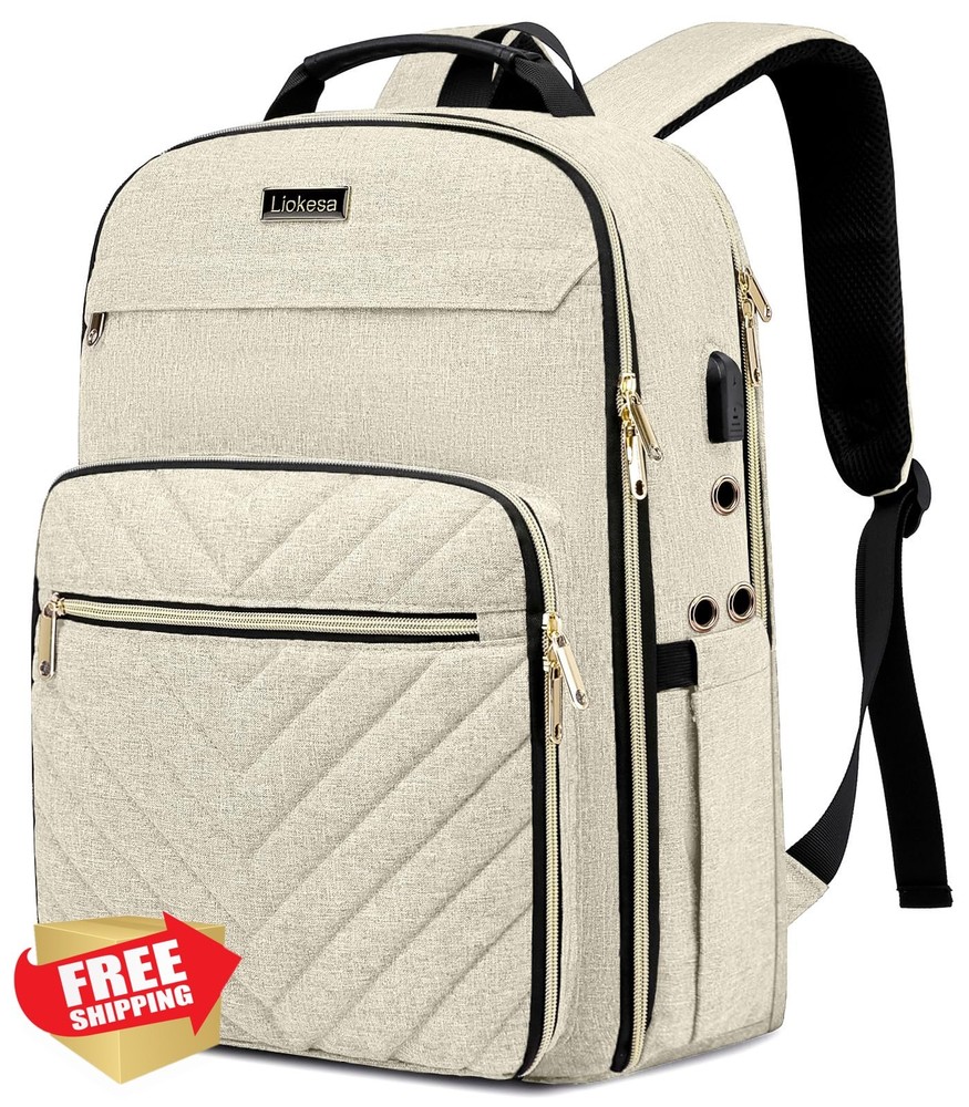 Liokesa Knitting Bag Backpack Beige Yarn Storage USB