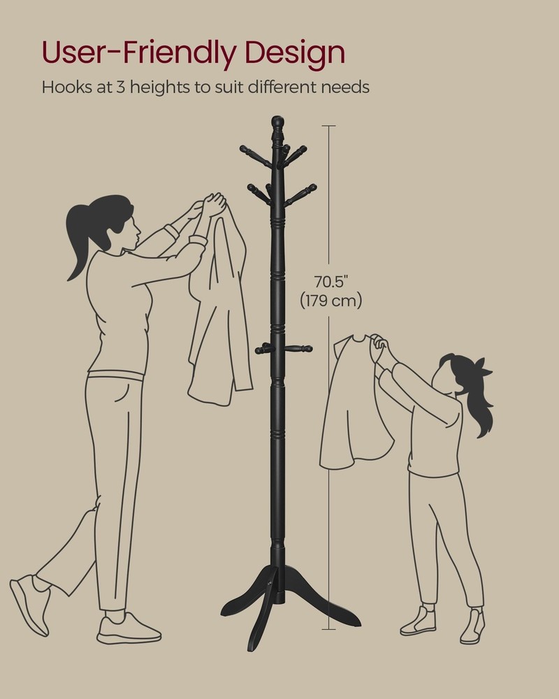 VASAGLE Solid Wood Coat Rack and Stand, Free Standing Hall Coat Tree with 10 ...