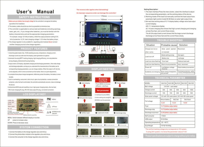 40A MPPT Solar Panel Regulator Charge Controller 12V/24V Auto Focus Tracking US