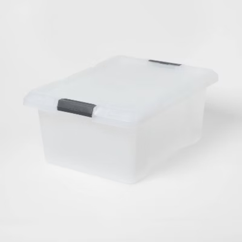 Medium Frosted Latching Storage Box: Stackable Polypropylene Tote, 48L Capacity