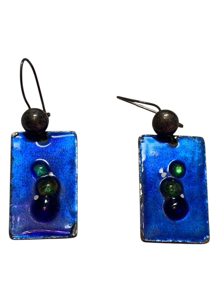 Handmade Blue Green Bubble Accent Rectangular Enamel Dangle Earrings
