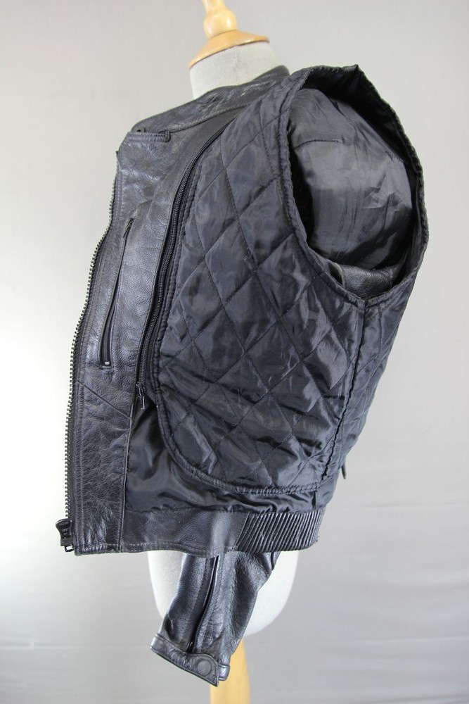 FRANK THOMAS BLACK LEATHER BIKER JACKET WITH CE ARMOUR & THERMAL LINING: SIZE 12