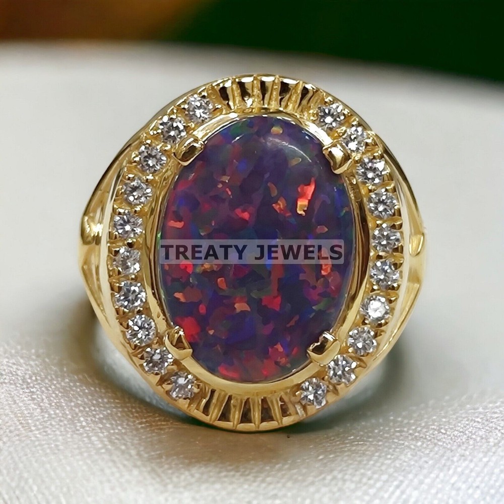 Black Opal Oval Cut With 14K Solid Gold Ring For Men's #A202
