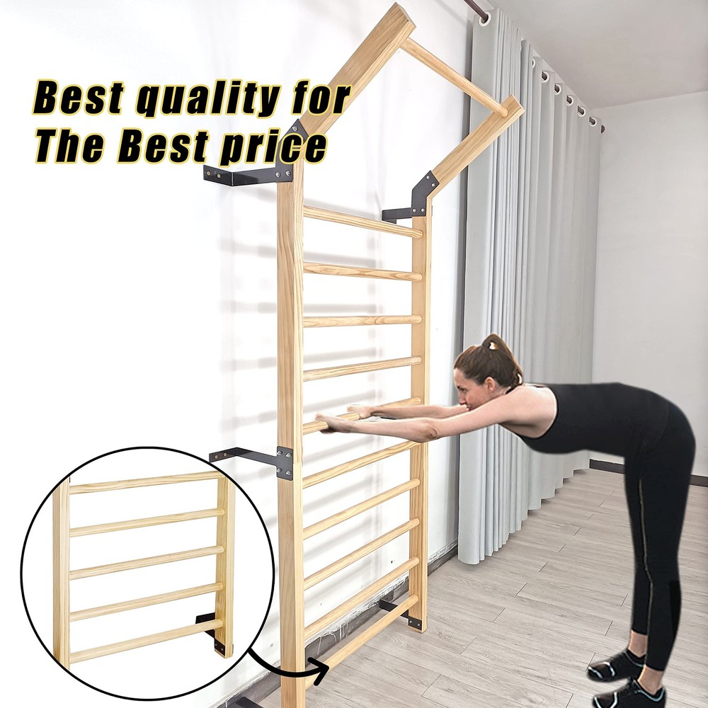 Swedish Ladder,Gymnastics Stall Bar, Wall Mounted Pull Up Bar- Solid Wood Wit...