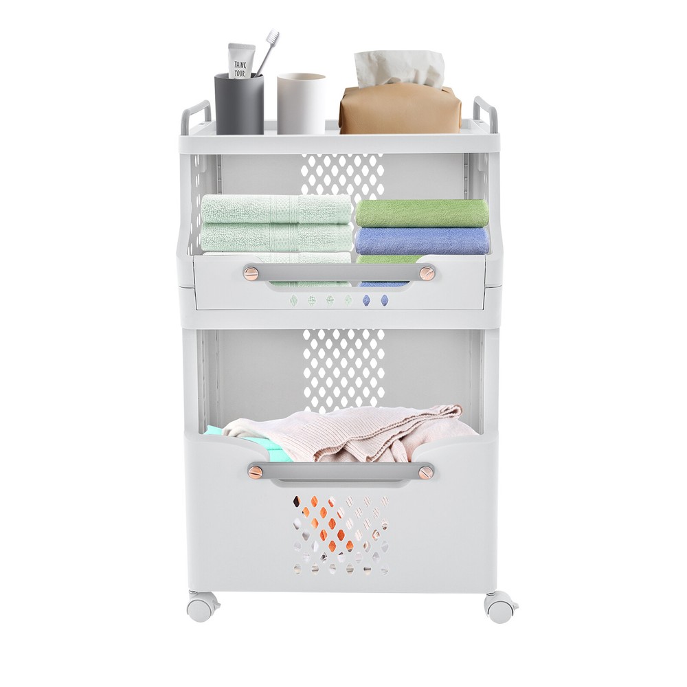 2-tier Movable Laundry Basket Laundry Hamper w/ Wheels Laundry Stackable Basket