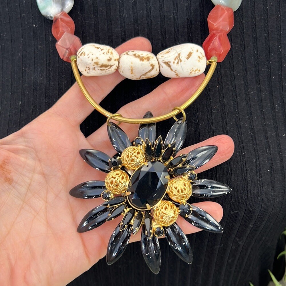 Adorned Crown Artisan Assemblage enamel black flower multi stone bead necklace