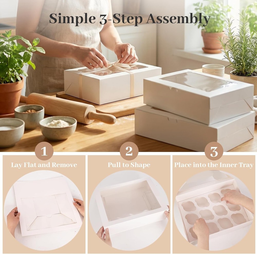 VGOODALL 3 White Cupcake Carrier Box 12 Count Window