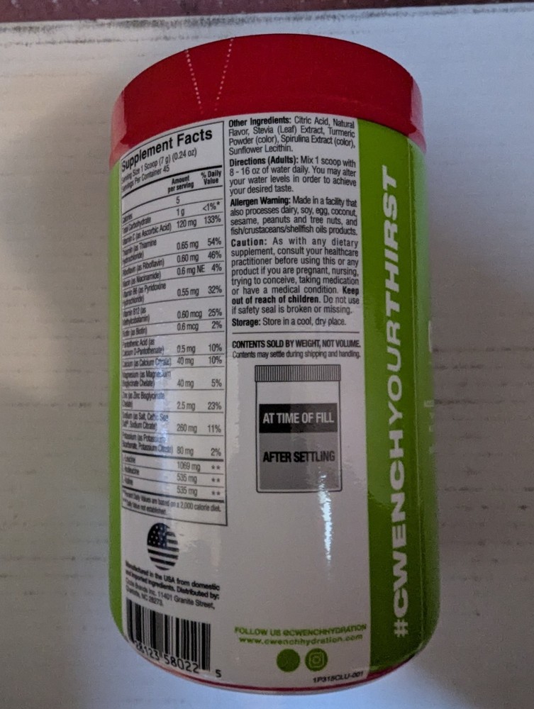 CWENCH Hydration Mix Cherry Lime-Zero Sugar, 11 oz (45 servings)