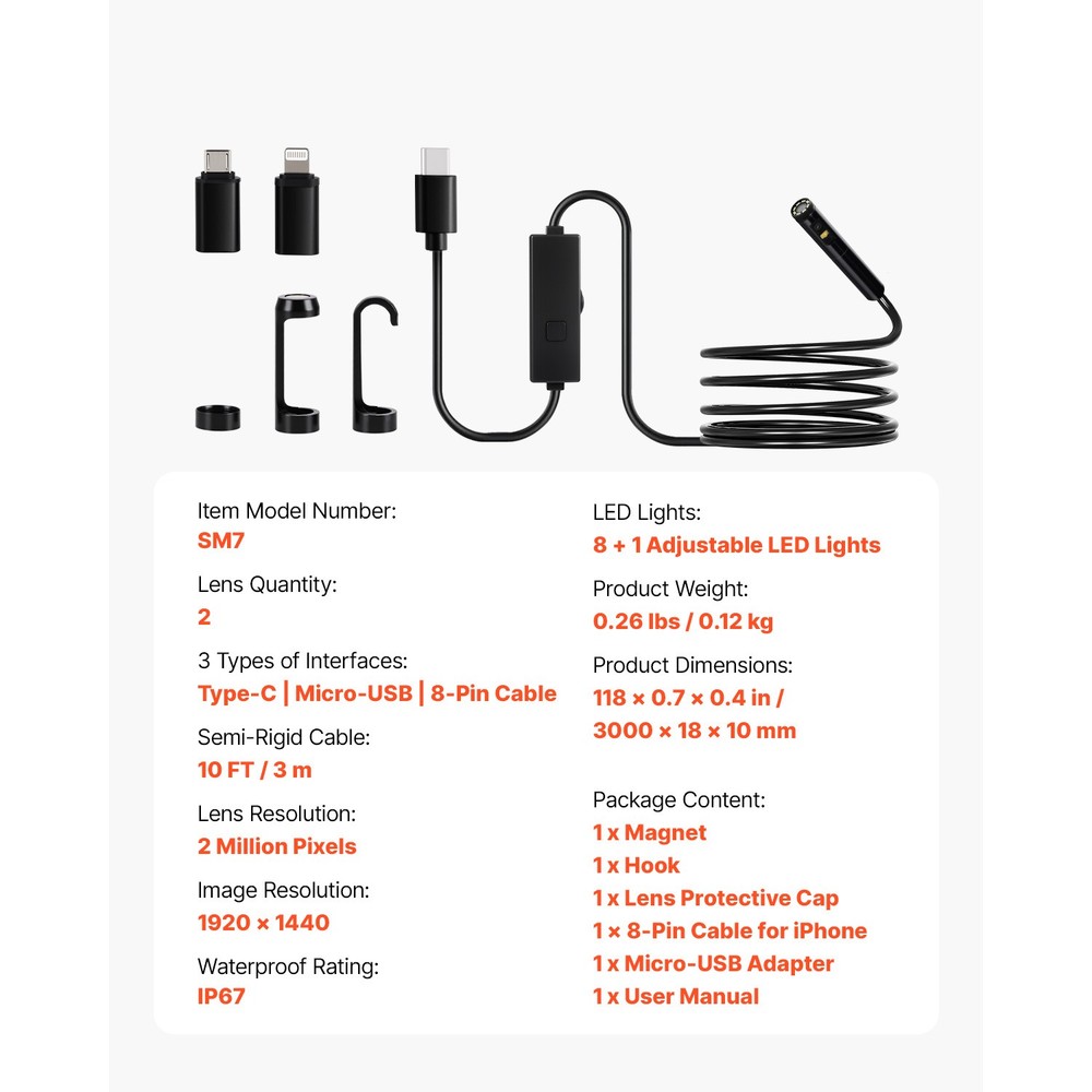 Dual Lens Borescope Endoscope Camera for Android IOS & 10FT Snake Cable