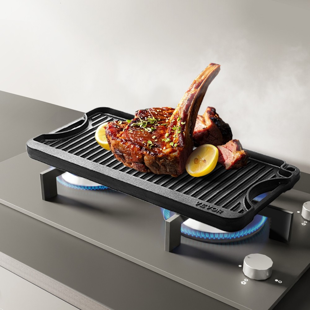 VEVOR 20x10in Reversible Grill Griddle Pre-Seasoned Rectangular BBQ Pan Cast