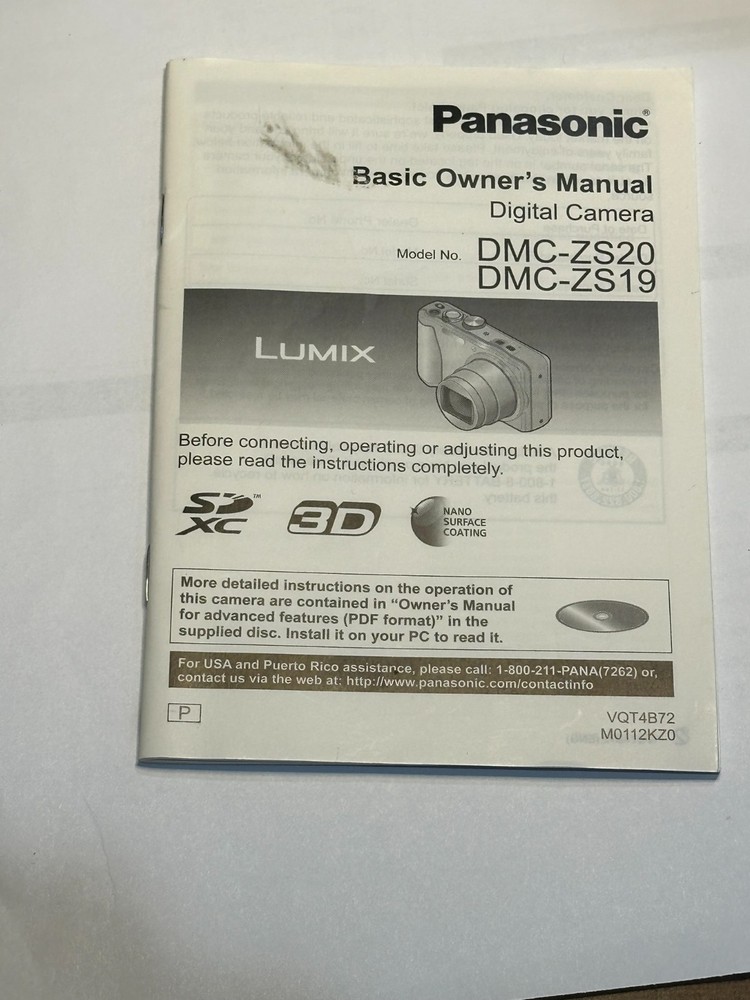 Used Panasonic DMC-ZS19 DMC-ZS20 Digital Camera Digital Basic Owner's Manual