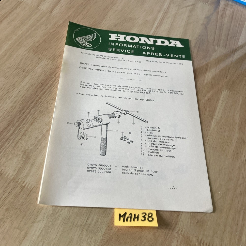 Honda Motorcycle 1975 Technical Note SAV Tool Chain Deriver Secondary