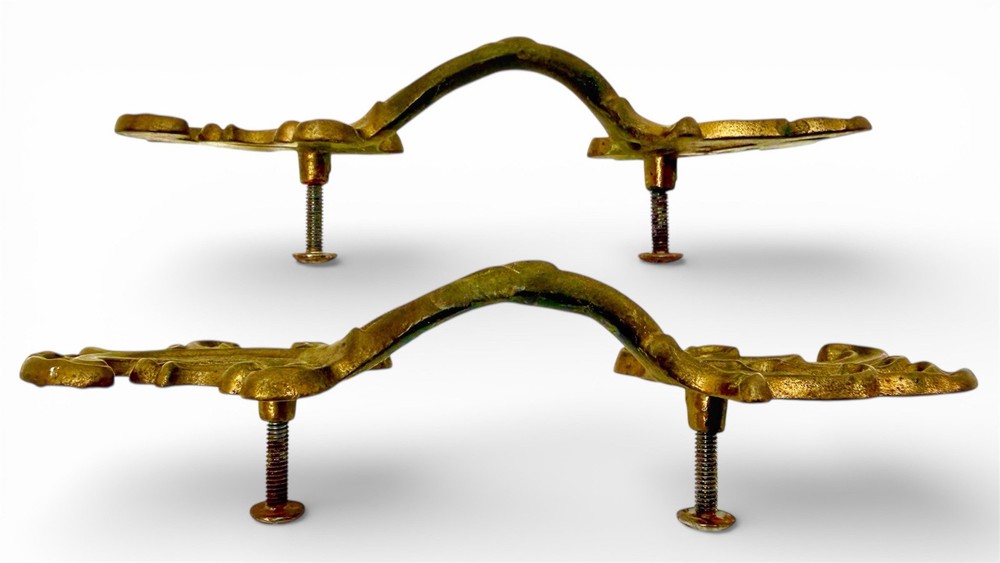 12 Vintage Curved Cabinet Drawer Pull & Escutcheon Hardware Solid Brass