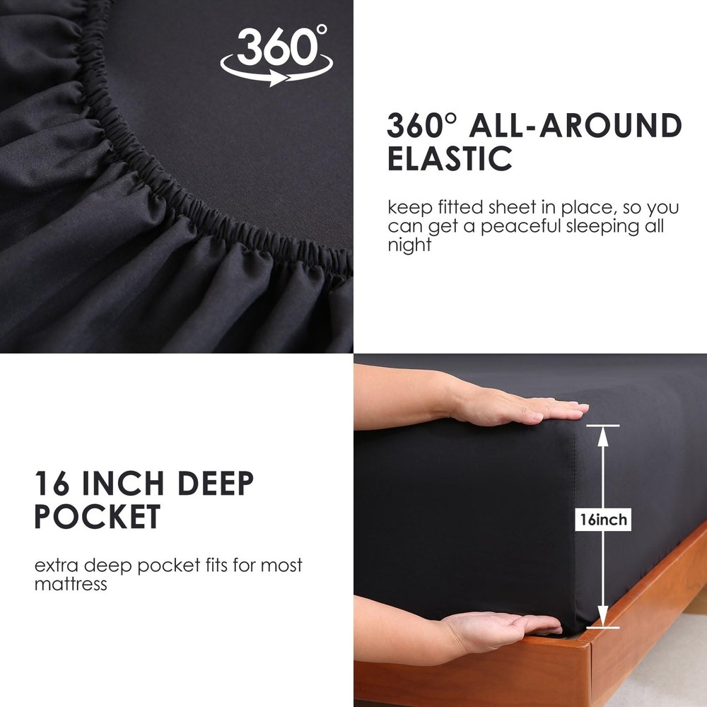 JSD Black Queen Sheet Set with Side Pocket Corner Straps, 4 Piece Soft Microf...