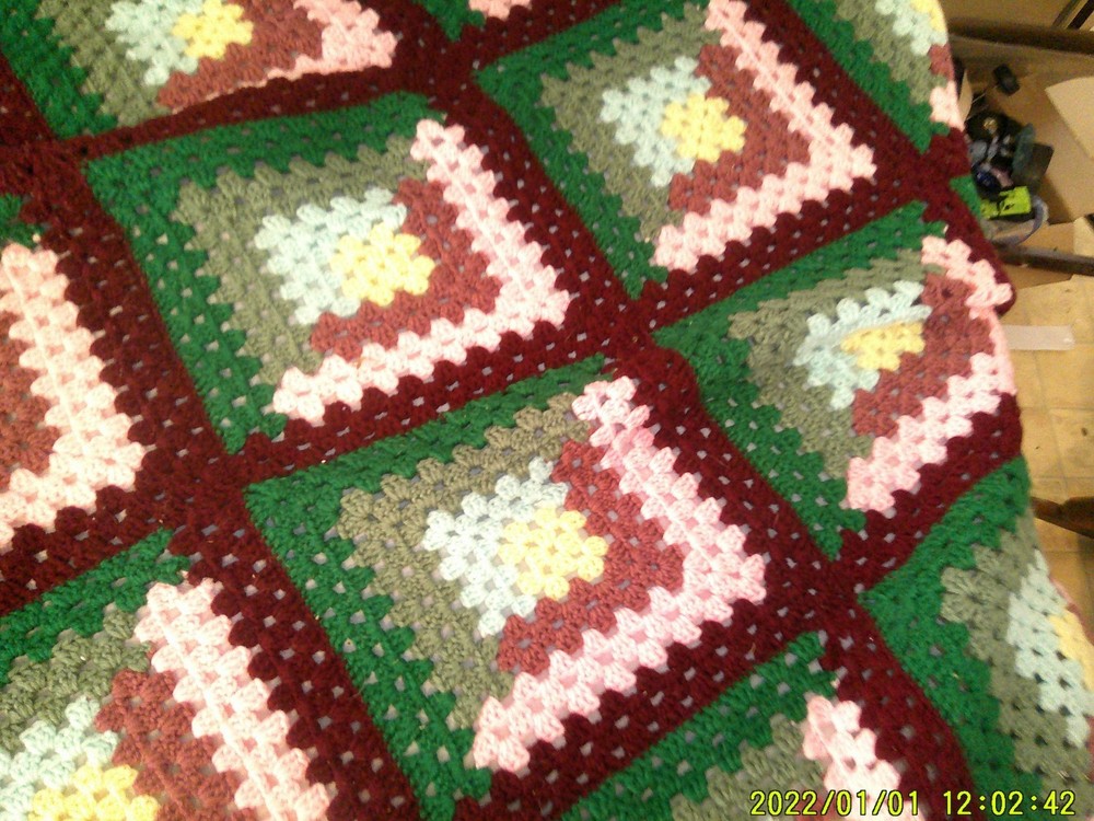 VINTAGE MULTICOLOR BLOCK PATTERN CROCHETED AFGHAN BLANKET