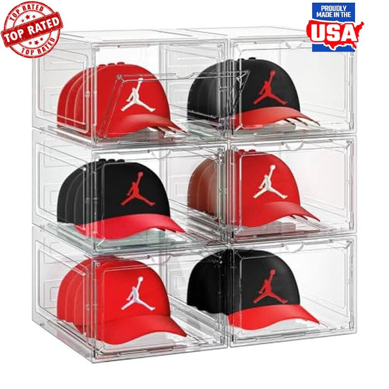 6 Pack Stackable Clear Hat Storage Box ‎Plastic Magnetic Door Durable Organizer