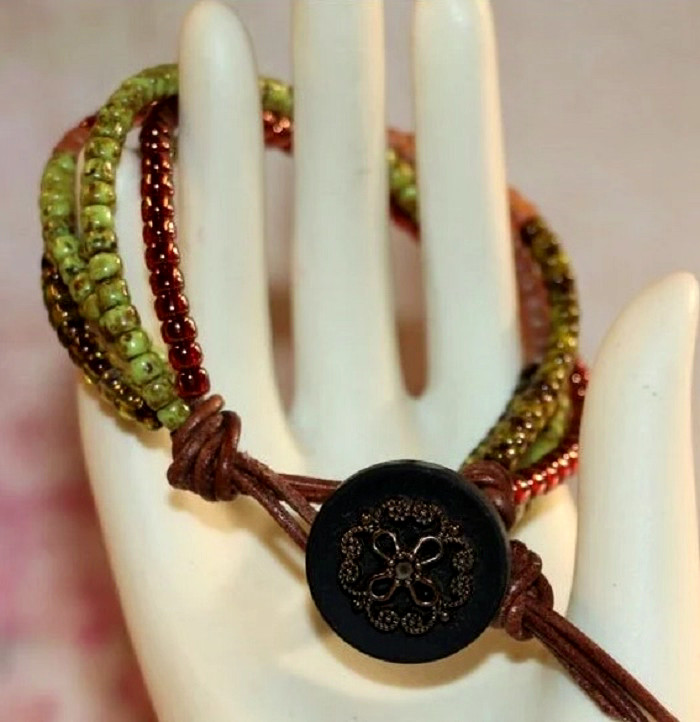 Brown Leather Wrapped Bracelet, Tri-Cuts,  Toho Seeds, 18mm Button, (brac21)