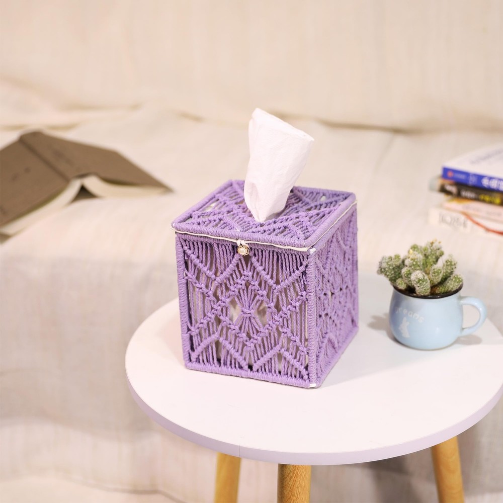 Macrame Tissue Box Cover Square Shape, Braided Rope Boho Style Tissue Purple