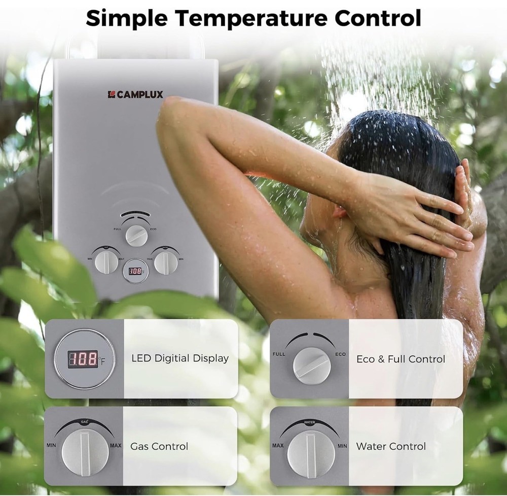 Camplux 6L Tankless Water Heater - BW158G - 1.58 GPM, 41,000 BTU - Gray