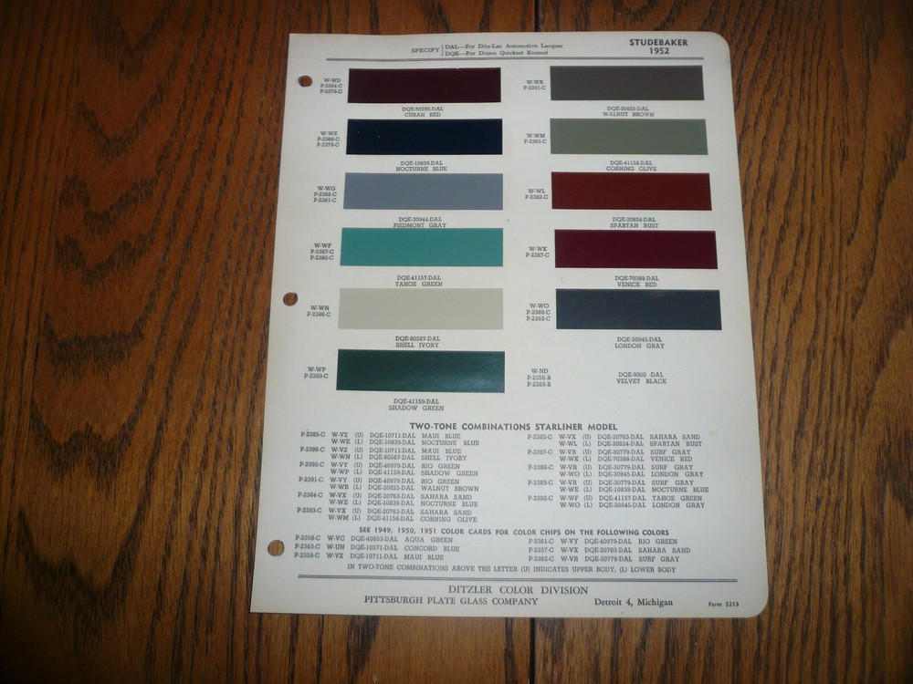 1952 Studebaker Ditzler Color Chip Paint Sample - Vintage -