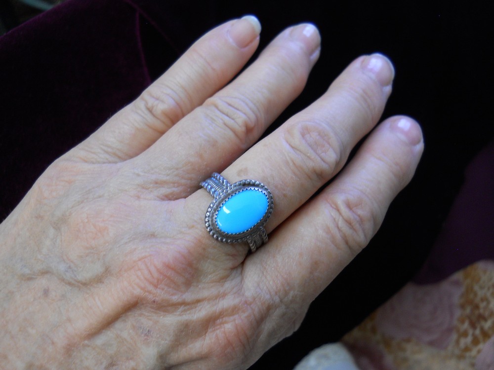 Handmade Intricate Band Turquoise Silver Ring Size 10