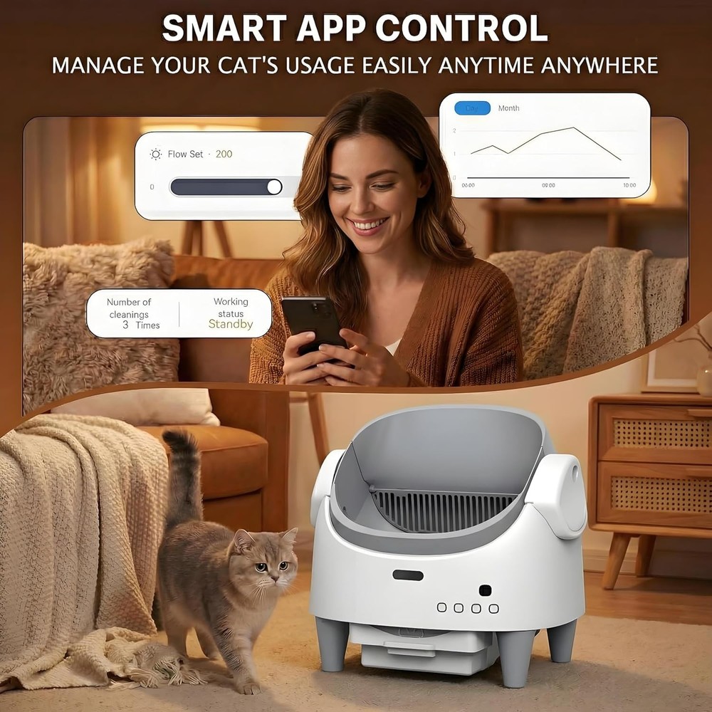 App-Controlled Self-Cleaning Litter Box, Open-Top for Large Cats Multi-Sensor