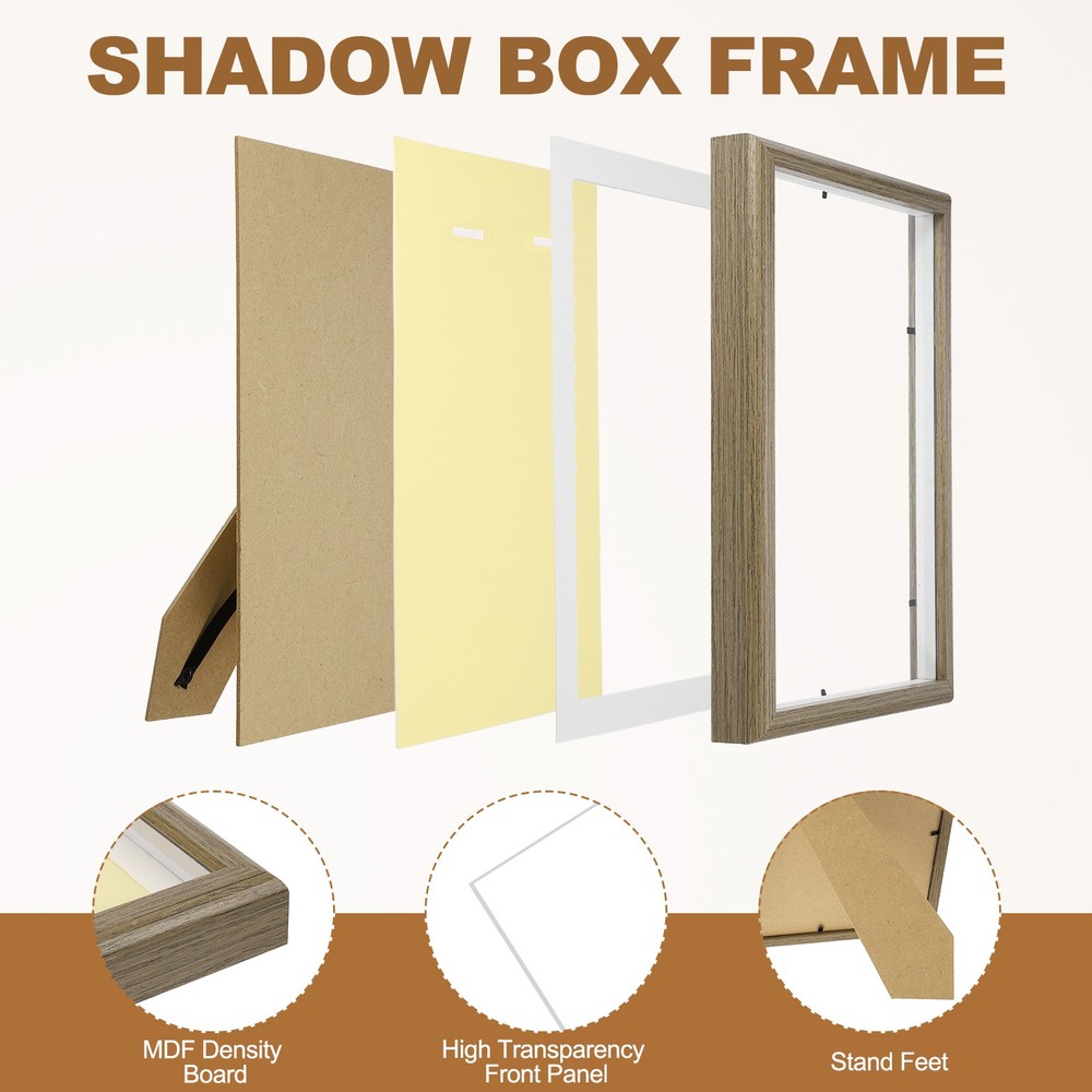 13x9\" vertical shadow frame with adhesive pins, walnut color