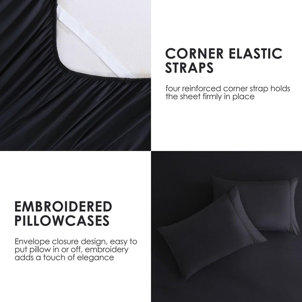JSD Black Queen Sheet Set with Side Pocket Corner Straps, 4 Piece Soft Microf...