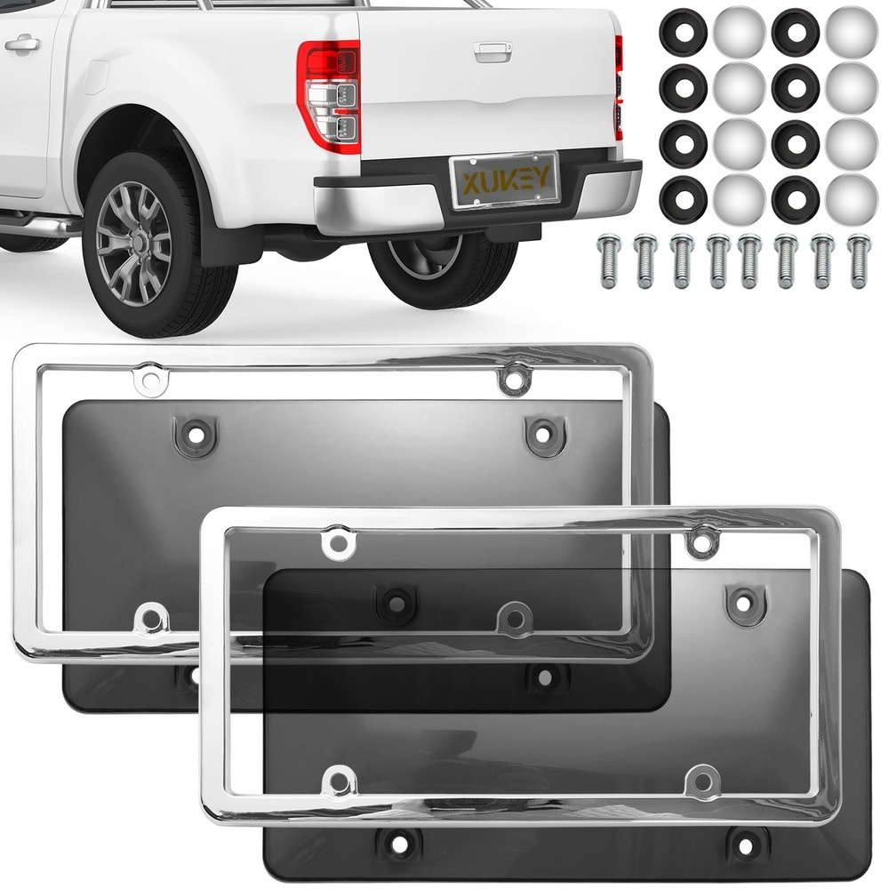 2 Unbreakable License Plate Covers+Frames Auto Tag Shield Protector Front Rear.