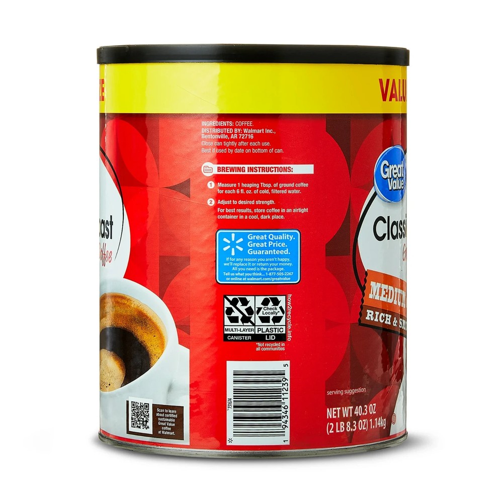 3 PACK Great Value Classic Medium Roast Ground Coffee, Naturally Caffeinated 40o