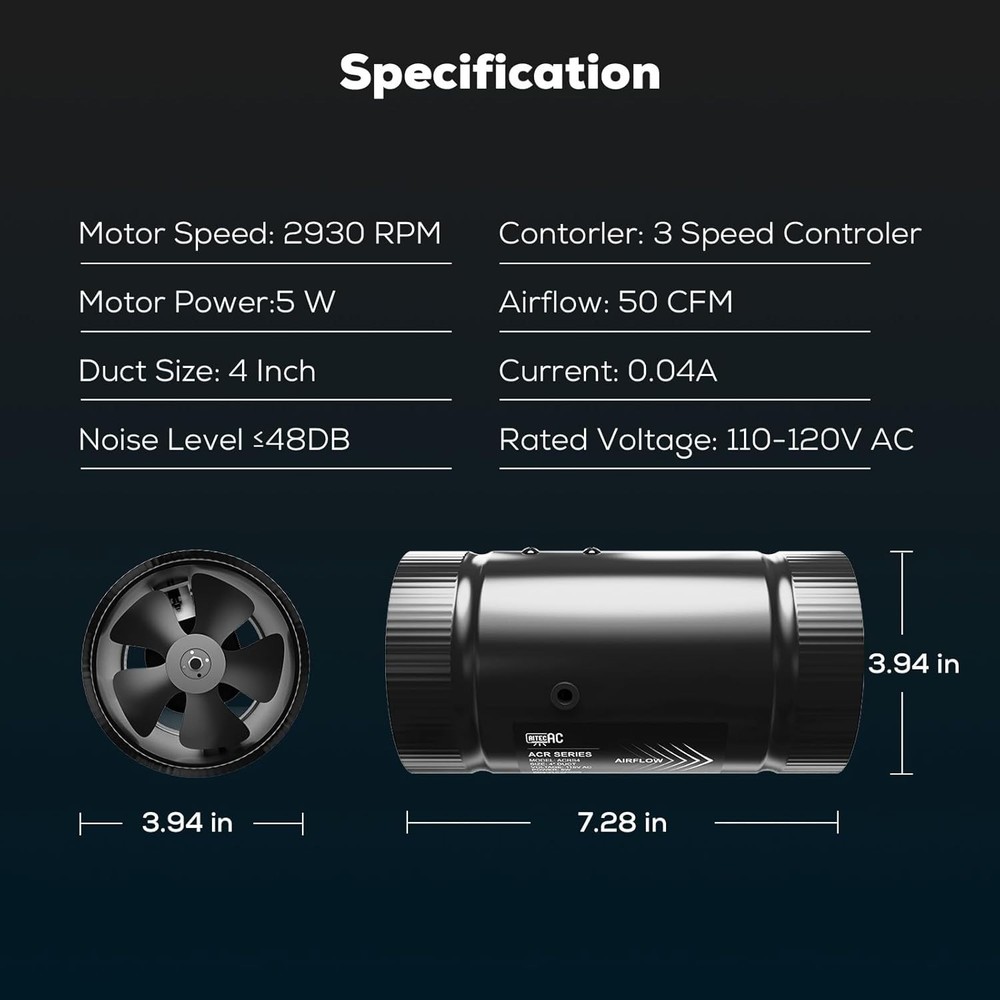 4 Inch Inline Duct Fan with Speed Controller –130 CFM, Ultra-Quiet 48dB, 5W E...