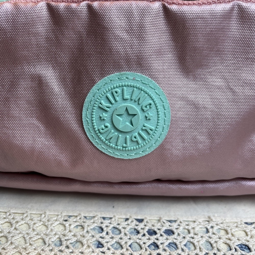 Kipling Gitroy Metallic Pencil Case Pink With Green Trim