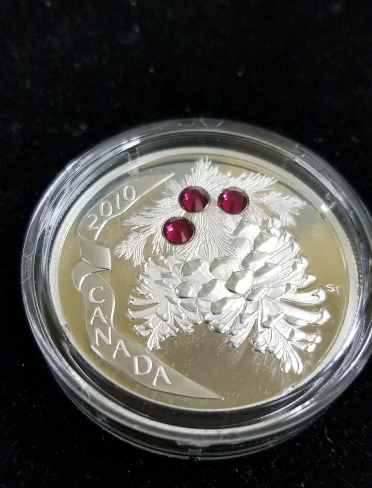 2010 Canada $20.00 Fine Silver Proof Holiday Pine Cones (Ruby) Display Box & COA