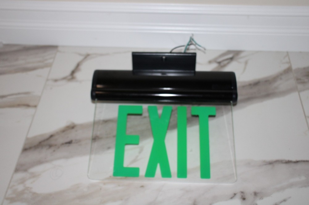 LED Edge Lit GREEN Exit Sign with Rotating Clear Panel Single Acrylic Face "WORK