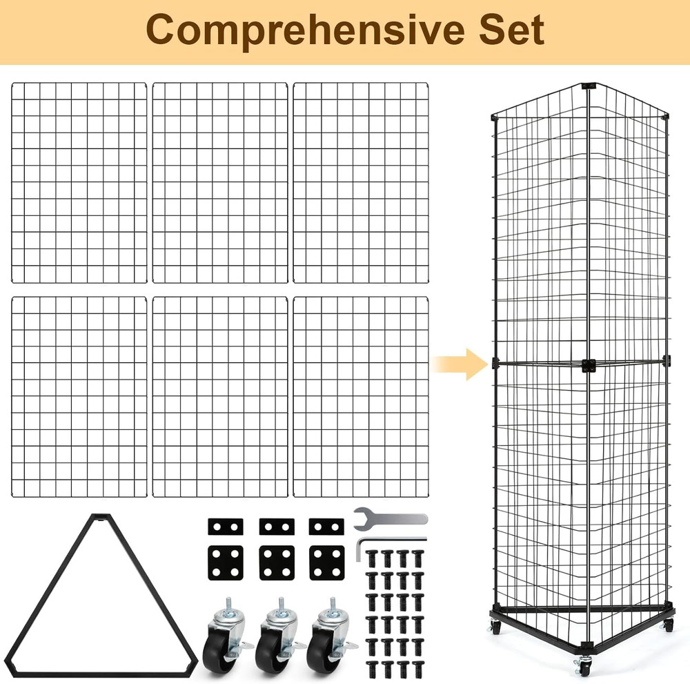 Black Triangular Gridwall Display Stand with Casters, 24" x 68