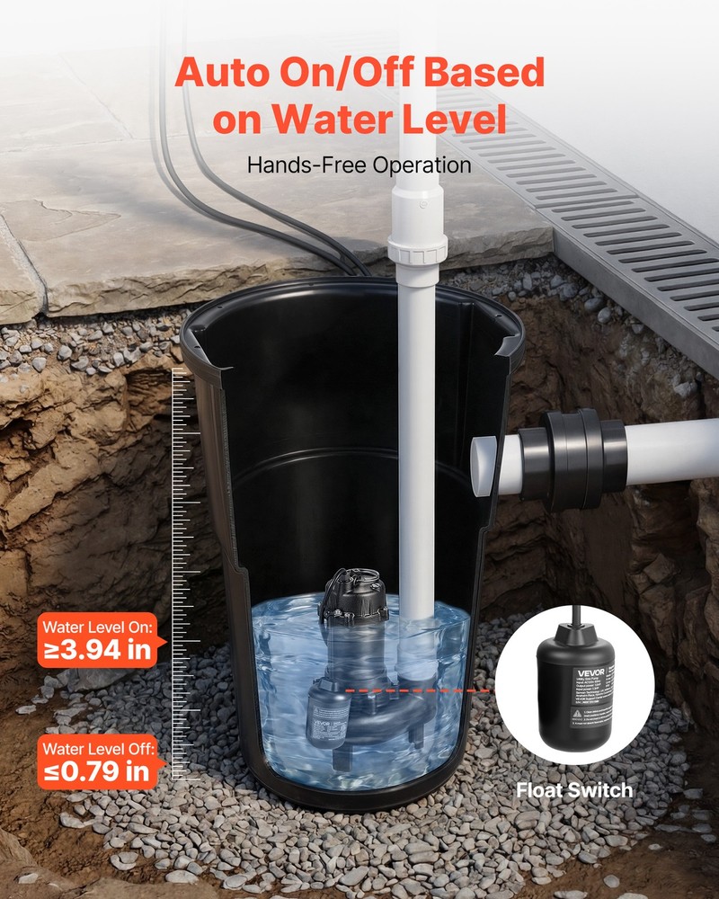 VEVOR Sewage Pump System 1/2 HP 4800 GPH Cast Iron Pump with Basin Float Switch