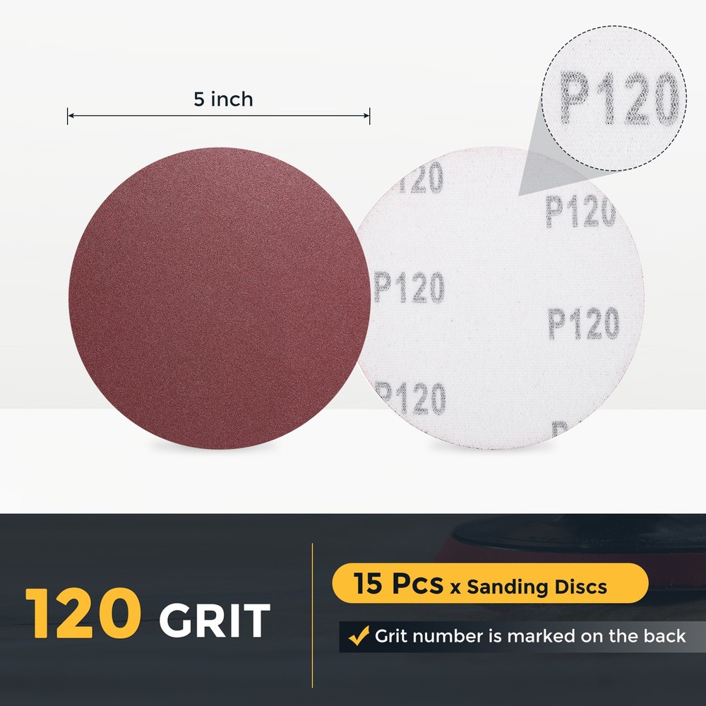 15 Pcs 5 Inch Sanding Disc 120 Grit Hook and Loop Sandpaper