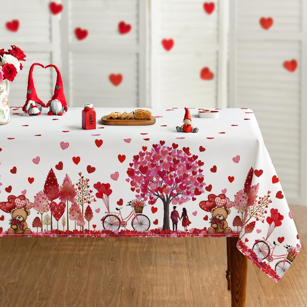 Horaldaily Valentine Tablecloth 60×84 Inch Rectangular, Teddy Bear Love Trees Bi