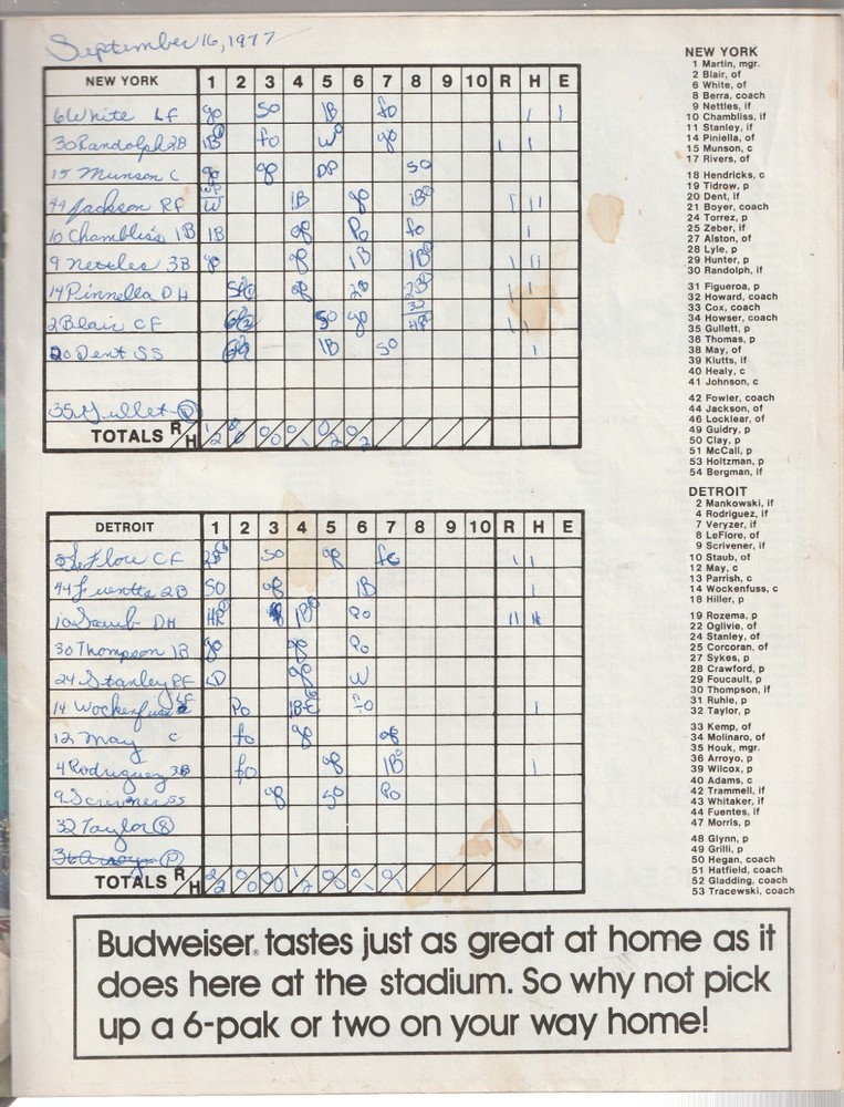 September 16, 1977 Tigers vs Yankees Baseball Program---Thurman Munson