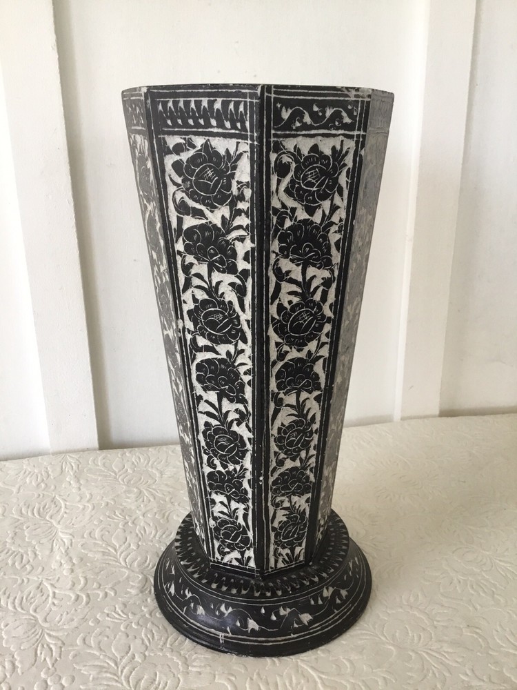 Mid-Century 10.5” Clay Pottery Middle Eastern Vase - Octagonal Floral - Unique