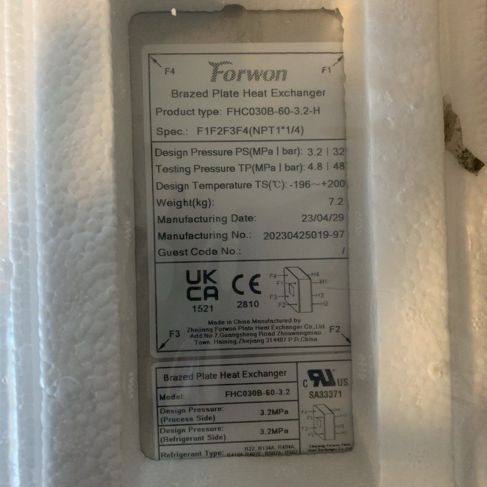 NEW 60 Plate Water to Water Forwan Brazed Plate Heat Exchange FHC030B-60-3.2