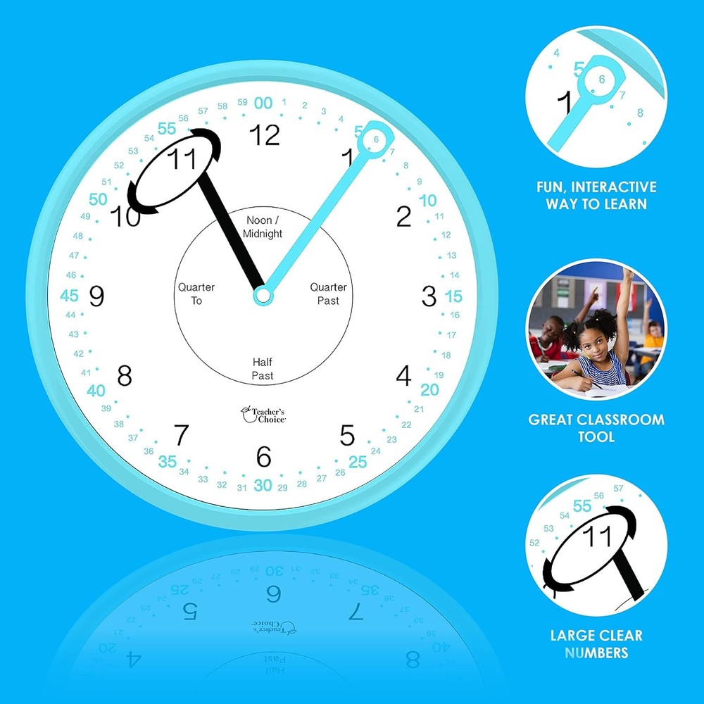 Educational Wall Clock - Silent Movement Time Teaching Clock
